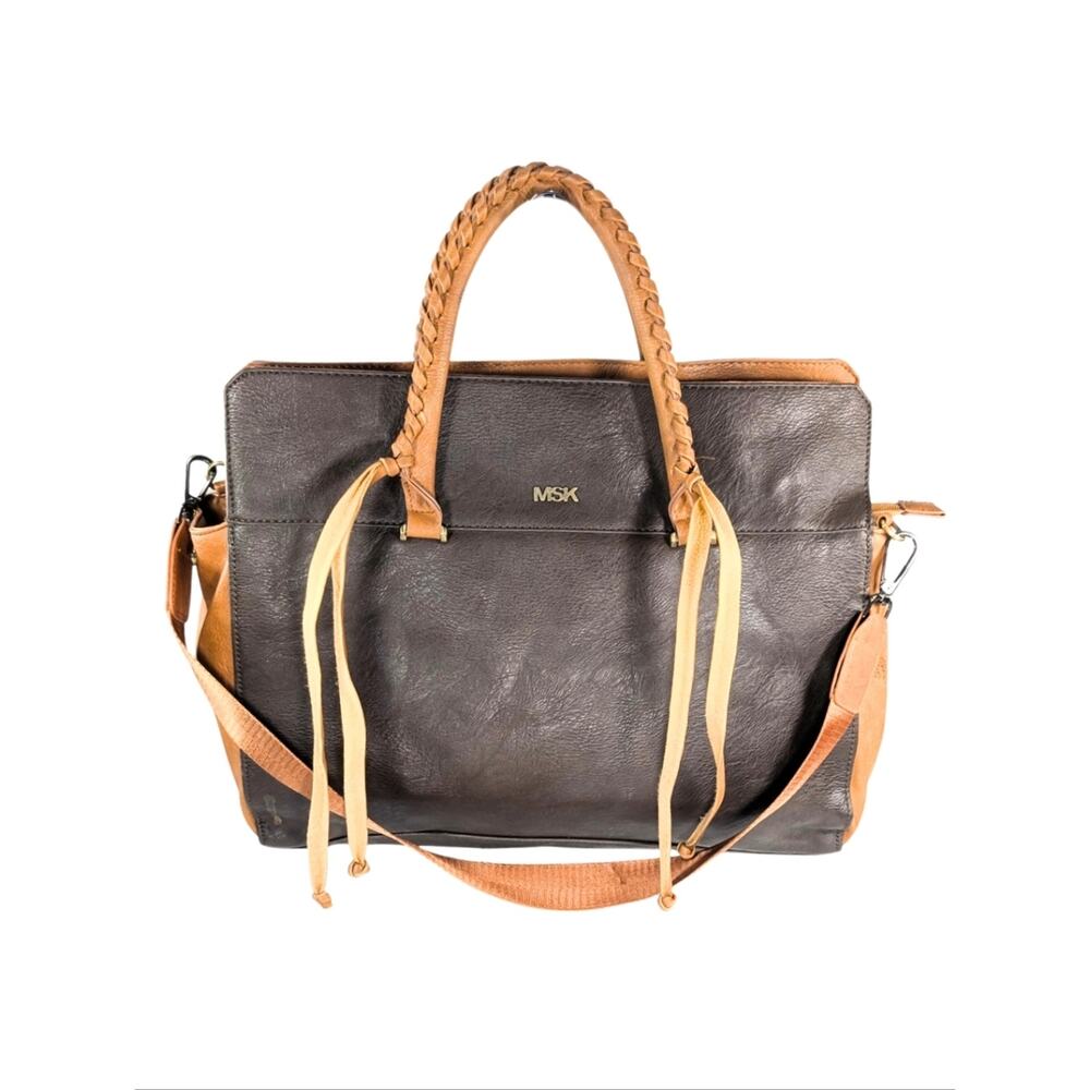 MSK Brown Tan Faux Leather Convertible Whip Stitch Tassel Zip Tote Shoulder Bag